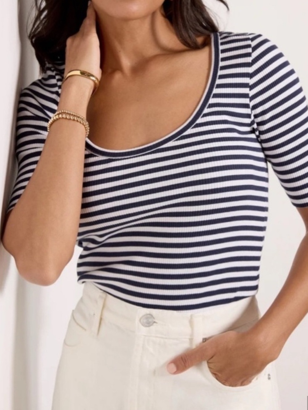 Faherty Women’s Shirt Ribbed Blue White Striped Scoop Neck Casual Preppy Sz Med
